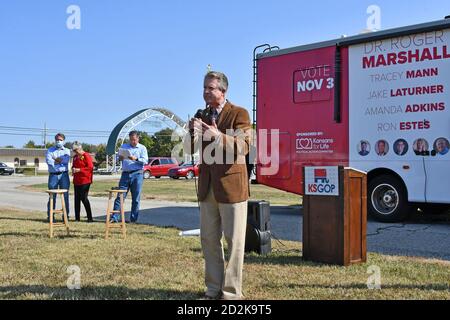 EMPORIA, KANSAS, USA, October 6, 2020Congressman Dr. Roger Marshall Republican senatorial candidate talks with supporters today at the Lyon County fairgrounds when the “Keep Kansas Great Bus Tour” stopped in Emporia today Credit: Mark Reinstein/MediaPunch Stock Photo