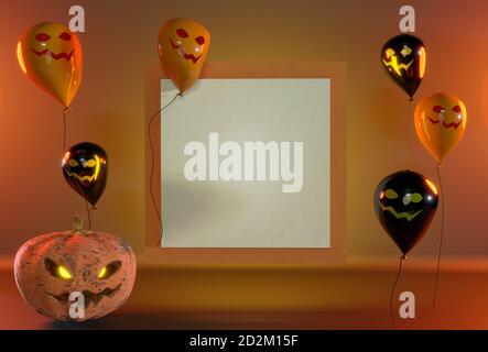 3d render illustration. holidays, decoration and party concept - scary Halloween. Black and orange balloons around a white board .  space for text Stock Photo