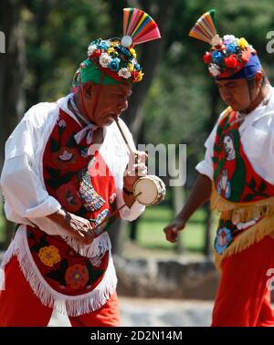 Volador de Papantla, or flyers of Papantla, perform in front Mexico City's  Museum of Anthropology August 25, 2009. The ritualistic dance is a  pre-Colombian tradition from Veracruz which involves five men, representing