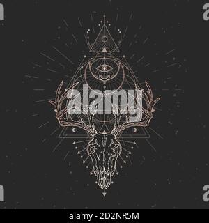 Vector illustration with hand drawn Deer skull and Sacred geometric symbol on black vintage background. Abstract mystic sign. Gold linear shape. For y Stock Vector