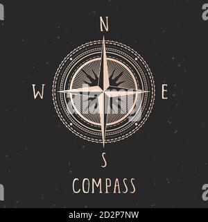Vector illustration with gold compass or wind rose and frame on dark background. With basic directions North, East, South and West. Stock Vector