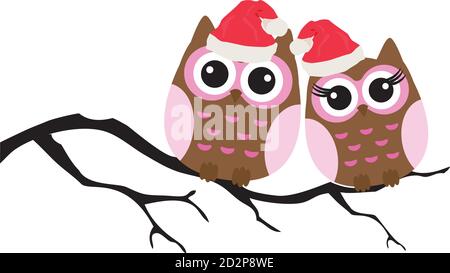 vector illustration of owls in Santa hats in the branch. Christmas card background. Stock Vector