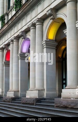 Melbourne's historic GPO building with coloured lights in arches. Stock Photo