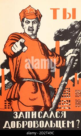 Soviet Poster 'Did you sign up as a volunteer?'.  1920. Stock Photo