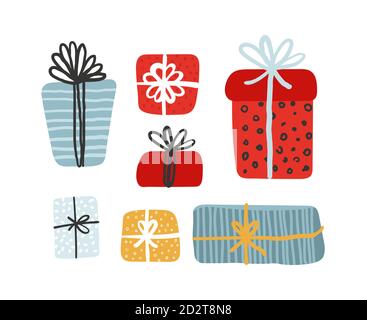 Gift boxes set, presents isolated on white background. Sale, holiday, shopping concept. Collection for Birthday, Christmas. Colorful wrapped. Stock Vector Cartoon flat design Stock Vector