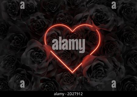 3d rendering of red heart frame over a lot black roses. Flat lay of minimal flower style concept Stock Photo