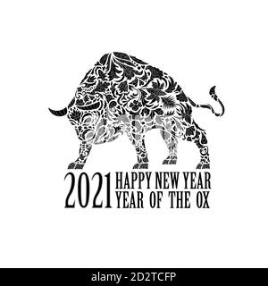 Vector bull with an ornament. Symbol of the year 2021. Black and white Stock Vector