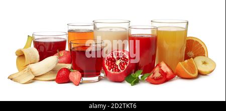 Group of different juices isolated on white background Stock Photo