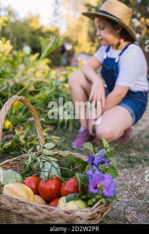 Wicker basket full of various ripe vegetables and fragrant flowers placed in garden on blurred background of girl in straw hat Stock Photo