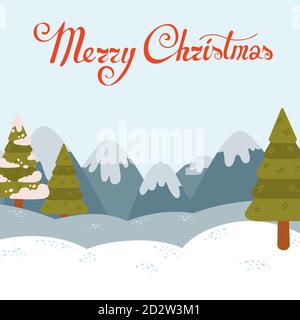 Merry christmas and happy new year postcard with winter forest landscape Stock Vector