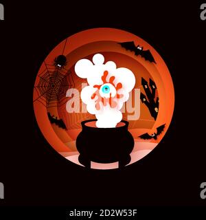 Happy Halloween. Witchs Cauldron with magic eye. Mystical night with bat, web, spiders. Circle frame. Paper craft art. Space for text. Stock Vector