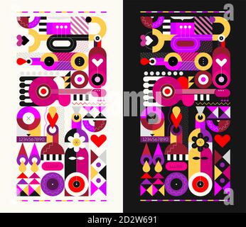 Two options of abstract art vertical composition of wine bottles and music instruments isolated on a white and on a black backgrounds. Geometric style Stock Vector