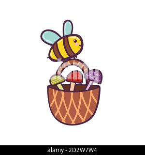 Happy flying bee carries a basket with mushrooms. Funny character for kids design Stock Vector