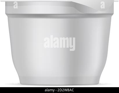 Small round white matte plastic pot with foil cover for yogurt, cream, dessert or jam. Realistic packaging mockup template. Vector 3d illustration. Stock Vector