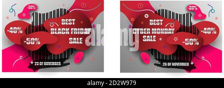 Black friday and cyber monday sale banners design. Abstract modern shape Price tags with discount. Red and black colors sticker design. High quality s Stock Vector