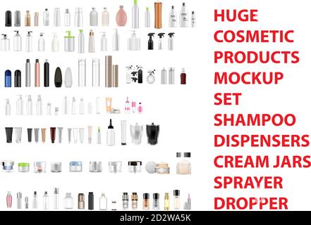 Huge cosmetic mockup set of different product containers: shampoo bottles, spray, dispenser, pump, cream jars, tubes. Realistic 3d vector illustration Stock Vector