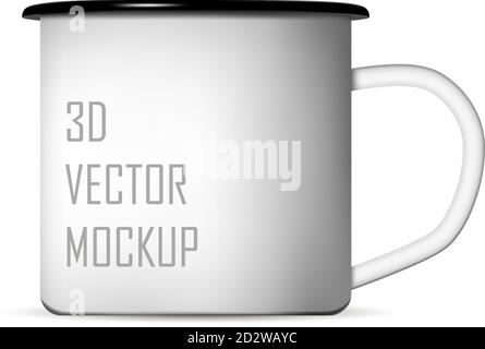 White enamel metal camp mug for coffee or tea. Tin illustration for camping, nature. 3d vector mockup design for your logo. Stock Vector