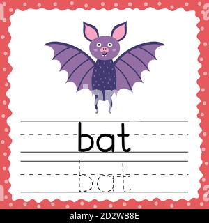 Tracing words flashcard - Bat. Writing practice for kids. Flash card with simple three letter word Stock Vector