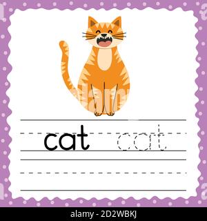 Learning to write words flashcard. Three letters word - Cat. Tracing exercise flash card Stock Vector