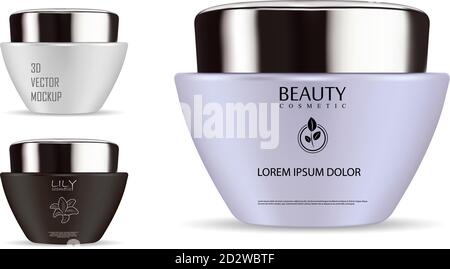 Cone shape matt glass jar with black glossy plastic lid for cosmetics - body cream, butter, scrub, bath salt, gel, skin care, powder. Realistic 3d pac Stock Vector