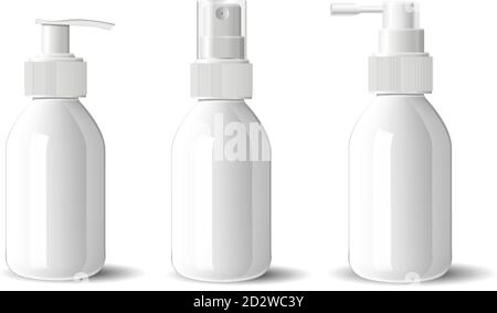 Realistic white glossy glass or plastic Cosmetic bottles dispenser spray pump container. Mockup template for cream, soups, and other cosmetics or medi Stock Vector