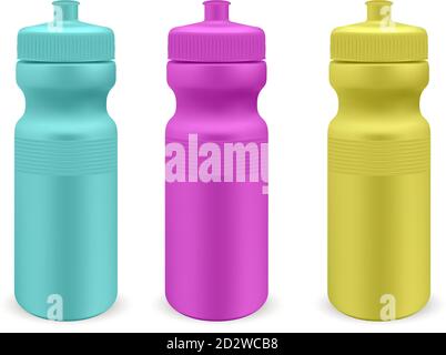 Matt plastic water sports bottles set. Ultra color Photo realistic packaging mockup template. Front view. Vector 3d illustration. Stock Vector