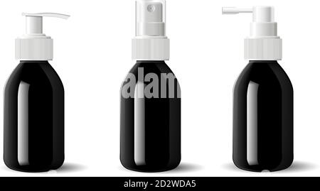 Realistic black glossy glass or plastic Cosmetic bottles dispenser spray pump container. Mockup template for cream, soups, and other cosmetics or medi Stock Vector