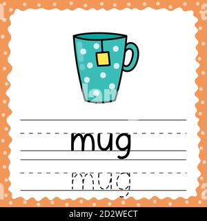 Learning to write word - Mug. Writing practice worksheet for kids Stock Vector