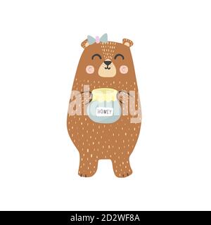 Cute brown grizzly bear with a honey jar Stock Vector