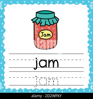 Tracing words flashcard - Jam. Writing practice for kids. Flash card with simple three letter word Stock Vector