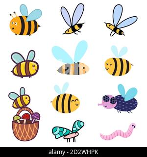 Cute bees set. Clipart bundle with funny colorful insects - bees, fly, worm Stock Vector