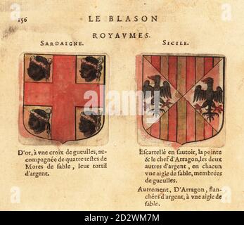 Coats of arms of the Kingdom of Sardinia, with four Moor heads and red cross on gold field, and the Kingdom of Sicily, with two black eagles on quartered shield. and Royaumes: Sardaigne, Sicile. Handcoloured woodblock engraving from Hierosme de Bara’s Le Blason des Armoiries, Chez Rolet Boutonne, Paris, 1628 Stock Photo