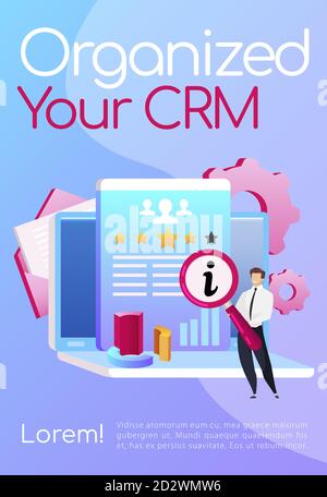 Organize your CRM poster flat vector template. Smiling man keeps magnifying glass. Brochure, booklet one page concept design with cartoon characters Stock Vector
