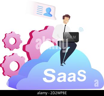 Cloud based CRM flat concept vector illustration. Man with laptop sitting on cumulus 2D cartoon characters for web design. Businessman in shirt, pants Stock Vector