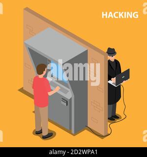 The thief hacks the software and the payment terminal system. Stock Vector