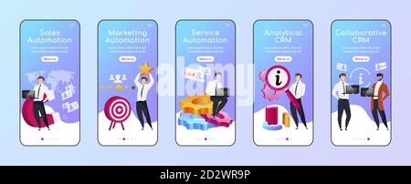 CRM types and advantages onboarding mobile app screen flat vector template. Sales automation. Walkthrough website steps with characters. UX, UI, GUI Stock Vector
