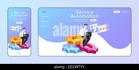 Service automation adaptive landing page flat color vector template. Male sitting on cogwheels mobile and PC homepage layout. Process improving one Stock Vector