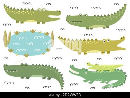 Funny crocodiles collection. Cute alligators in childish style. Safari characters Stock Vector