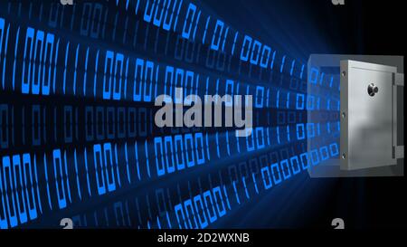 Bright blue abstract binary code on black background with various light and shadow effects - digit tape coming out of a open safe - 3D-illustration Stock Photo