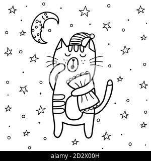 Sleeping cat coloring page. Good night coloring book with moon and stars Stock Vector