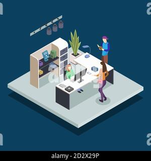 Library reception isometric color vector illustration. Librarian at desk. Bookstore administrator. Students reading and studying in public book Stock Vector