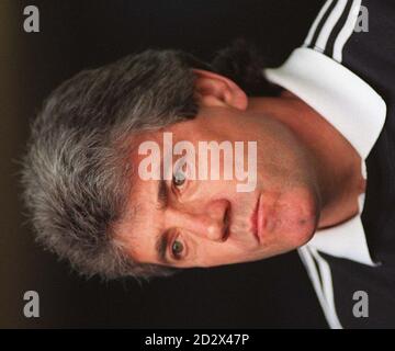 The tension shows on the face of Newcastle United's manager Kevin Keegan as opponents Leeds put up a valiant fight during their FA Carling Premiership match at Elland Road.  08/01/97 Keegan resigned as manager of Newcastle United football club after five rollercoaster years in charge of the rejuvenated North-East club. 25/09/97 963 Liberty radio station reported that Mr Keegan had joined second division Fulham FC as chief operating officer. Stock Photo