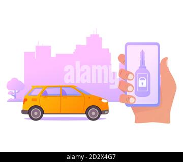 Smart car key security .The smartphone controls wireless auto. Stock Vector