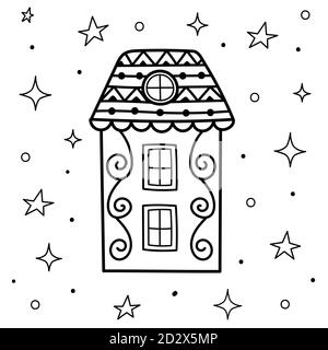 Doodle magic house at night coloring page. Sweet dreams black and white card Stock Vector