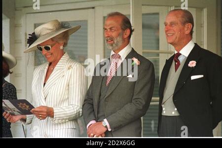 Prince and Princess Michael of Kent join the Duke of Edinburgh (right) watching the prize giving at Guards Polo, Smith Lawn, today (Wed), where Prince Charles playing. Stock Photo