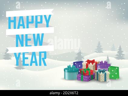 Decorative inscription of a happy new year with gifts on the bac Stock Vector