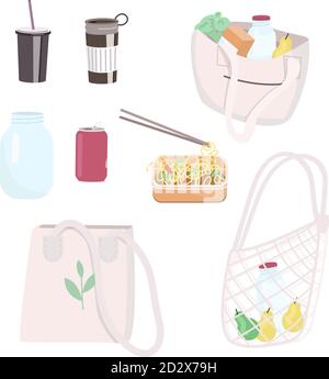 Zero waste flat color vector objects set. Reusable bags for shopping, thermo mug, takeaway food container with noodles. Plastic free handbags. 2D Stock Vector