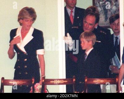The Princess of Wales with her sons Prince Harry (centre) and Prince William (right) are show to their seats on arrival at the Royal Tournament at Earl's Court in London today (Thursday). Photo by John Stillwell. /PJ. Stock Photo