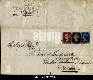 The world's first three adhesive postage stamps were sold for  135,000 today (Tuesday) at Christie's to an unknown buyer. The three stamps  a Penny Black, a Two Pence Blue, and a Penny Red  are attached to a letter addressed to the Earl of Lauderdale at Dunbar, dated July 7, 1841.The letter is believed to be the only example known to bear the world's first three adhesive stamps and is considered one of the most important documents of Britain's postal history. The price was below Christie's estimate of  150,000 to  200,000. See PA Stroy SALE Stamps Stock Photo