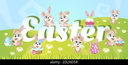Easter spring holiday word concepts flat color vector banner. Adorable rabbits. Isolated typography with tiny kawaii bunnies cartoon characters on Stock Vector